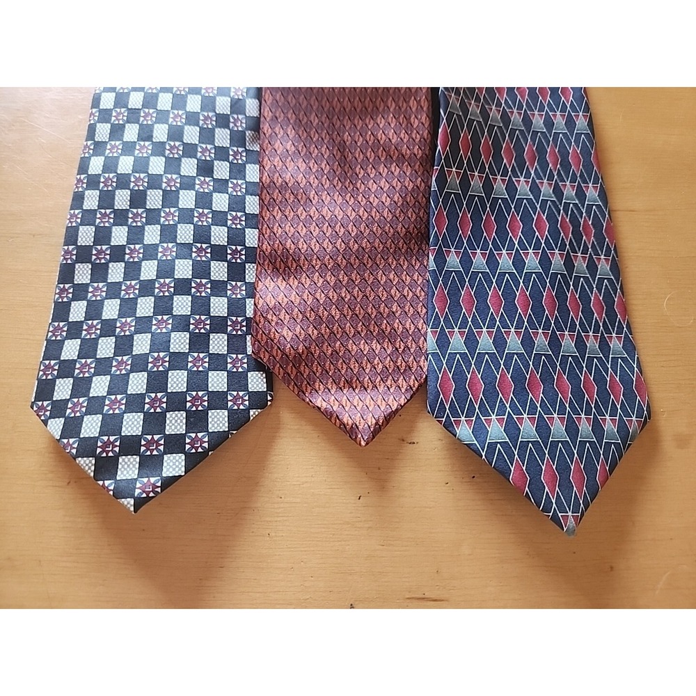 Stafford Men's Silk Ties Lot of 3, Black Square, Orange Diamond, Navy Geo Prints